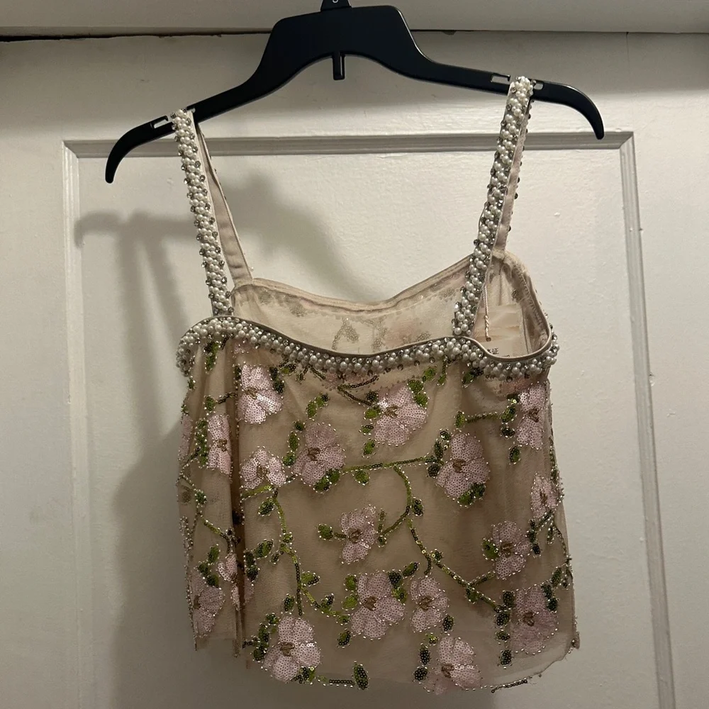 Elegant Floral Embroidered Skirt Set in Cream, Green and Pink